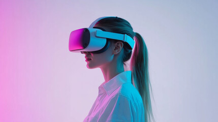 A woman wearing virtual reality headset is immersed in digital world, showcasing blend of technology and modern lifestyle. vibrant lighting enhances futuristic atmosphere