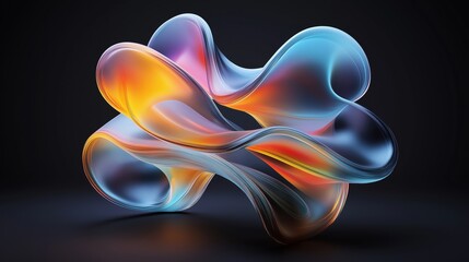 Abstract fluid shape with smooth curves and vibrant gradient colors on a dark background, resembling a futuristic, transparent sculpture.