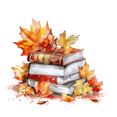 Watercolor Autumn Books with Colorful Leaves and Acorns