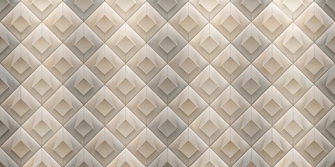 A wall adorned with geometric patterned panels in shades of beige and gray, creating depth