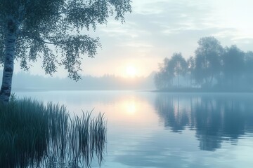 Fototapeta premium Serene sunrise over a peaceful lake, reflections in the calm water