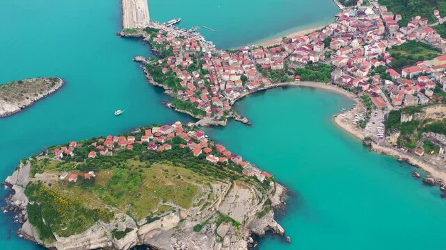 Beautiful cityscape on the mountains over Black-sea, Amasra. Amasra traditional Turkish architecture