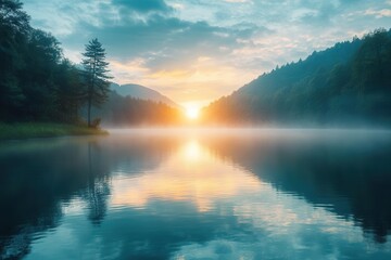 Fototapeta premium Serene sunrise over a peaceful lake, reflections in the calm water