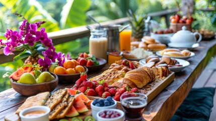 Elegant breakfast table displaying fresh fruits and assorted pastries for a delightful morning