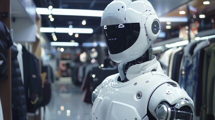 Fototapeta premium White Humanoid Robot with Glowing Eyes and Details in Dark Studio Environment