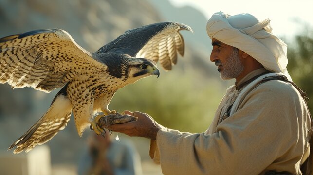 A man in traditional attire interacts with a majestic falcon in a scenic desert landscape, showcasing a connection between human and bird.