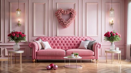 Valentine's Day themed interior room with pink sofa and decor for romantic holiday celebration