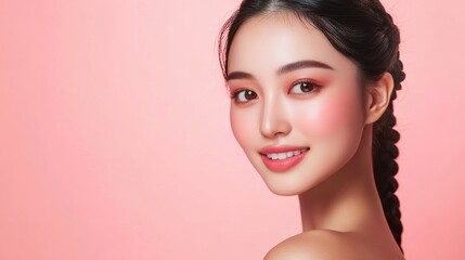 Fototapeta premium An Asian woman poses with impeccable skin against a pastel pink backdrop, reflecting skincare excellence and elegance in a commercial context.