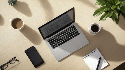 Modern home office desk setup with laptop, coffee, smartphone, glasses, notepad, and potted plant