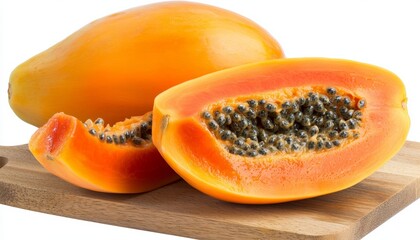 A sliced GMO papaya on a cutting board, with smooth, rich orange flesh and neatly arranged seeds, representing enhanced taste and optimized growth.