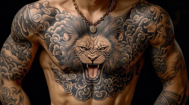 A man with a lion tattoo on his chest and neck, AI