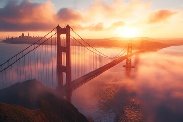 Obraz premium Golden Gate Bridge with sunrise and fog.