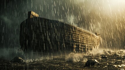 The Ark's Journey Through a Stormy Sea, 3D Rendering, Digital Art, Noah's Ark, Rain, Flood, Storm