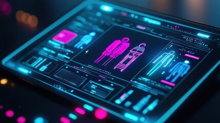 Close-up of tablet screen with fashion sketches, glowing holographic patterns around, bright neon light, Futurism, Neon Illustration