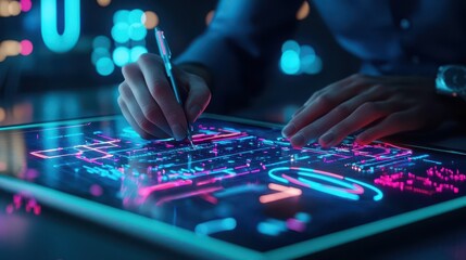 Fototapeta premium Designer sketching on a digital tablet, surrounded by holographic textiles and glowing neon lights, Cyberpunk, 3D Render