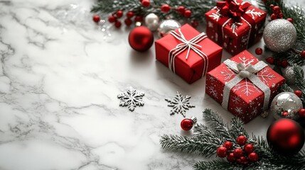 A white marble counter top with a red box on it and a bunch of red