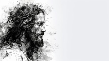 Fototapeta premium The Pensive Gaze of Christ, Black and White Sketch, Abstract Background, Religious Art, Jesus, Christianity, Faith