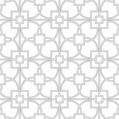 Seamless geometric pattern with a mix of modern and classic elements, consisting of connected square shapes and curved lines. Suitable for various creative projects or decorative elements.