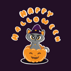 Happy halloween and cute cat character on a pumpkin smiling