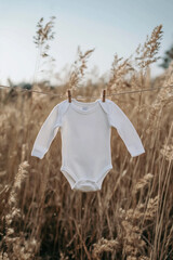 White baby onesie on a clothesline in a sunny field with pampas grass in background, autumn baby announcement 
