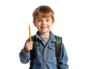 smiling student boy holding pencil and wearing backpack isolated on white background - Powered by Adobe