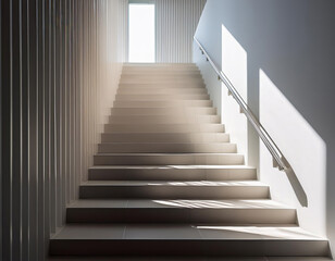 Obraz premium Sunlight illuminating a modern staircase with a silver handrail in a contemporary minimalist building