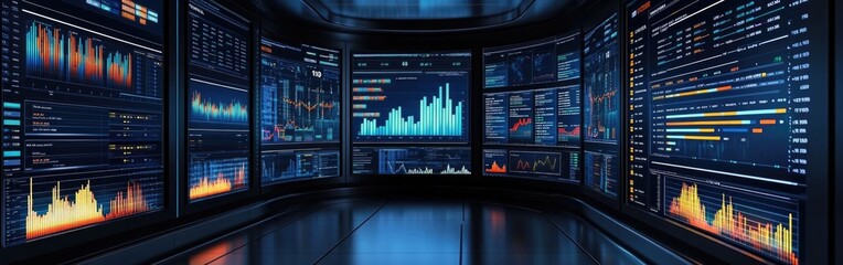 A business intelligence analyst reviews dynamic big data visualizations on multiple screens