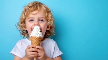 A little boy with curly hair eating an ice cream cone, AI