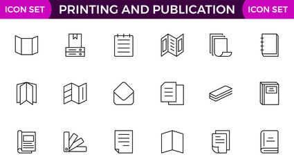 Printing and Publication icon set. Flyer Brochure line icon set. letterhead, booklet, leaflet, corporate catalog, and envelope icon set. Outline iconcollection.