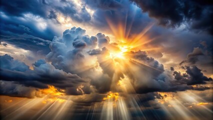 Obraz premium Ethereal sun rays piercing through dramatic storm clouds in the dark sky
