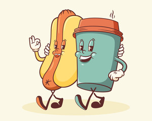 Groovy Hot Dog and Coffee Retro Characters Label. Cartoon Snack and Paper Cup Walking Smiling Vector Street Food Mascot Template. Happy Vintage Cool Fast Food Illustration with Typography Isolated
