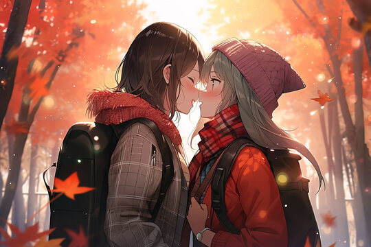 two embarrassed anime girls kissing in the autumn park