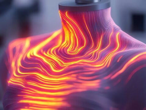 Designer working on a digital dress prototype, holographic textile patterns swirling around, illuminated by soft ambient light, Retro Futurism, Illustration