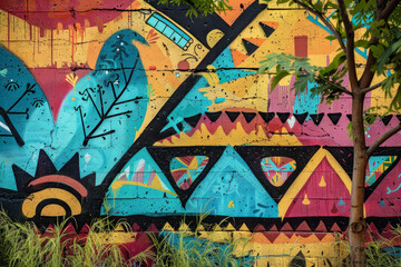 A colorful mural with a tree in the background