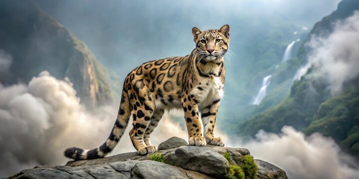 Majestic clouded leopard confidently stands on rocky terrain in misty mountainous landscape