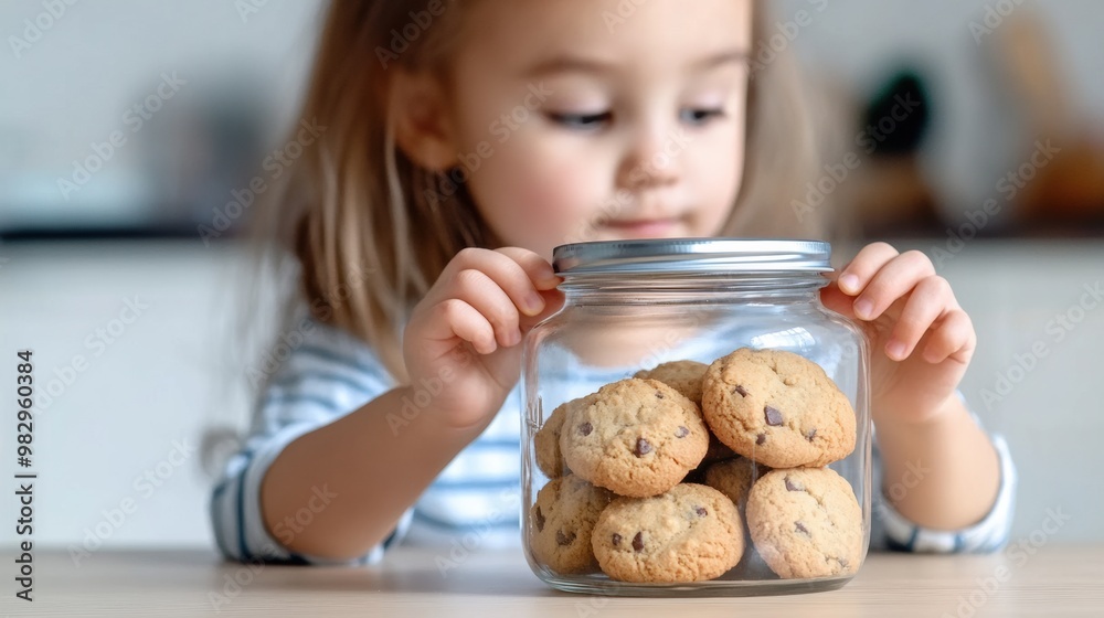 Canvas Prints A little girl holding a jar of cookies in her hands, AI