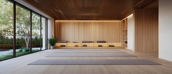 Serene Yoga Studio with Natural Light and Wood Accents