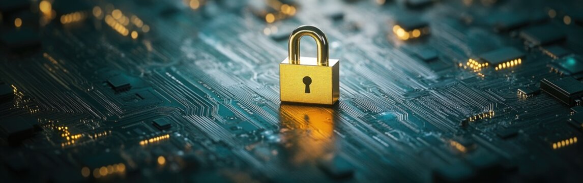 A golden padlock symbolizes privacy protection on a circuit board, emphasizing web security