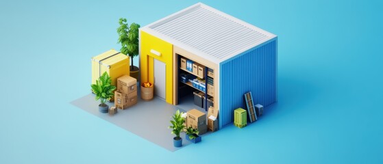 Colorful Warehouse with Boxes and Plants in Flat Design