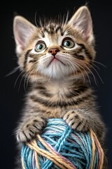 Fototapeta premium A small kitten playfully tangled in a ball of yarn, looking up innocently with wide, curious eyes