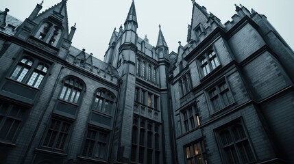 Fototapeta premium A Gothic-style building with tall spires, arched windows, and detailed stonework, creating an imposing architectural presence against a cloudy sky.