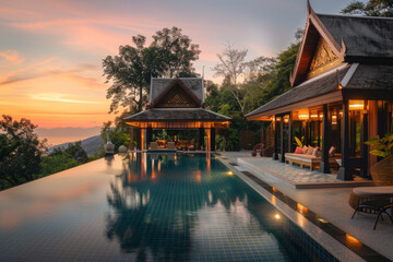 Obraz premium A large pool with a house in the background