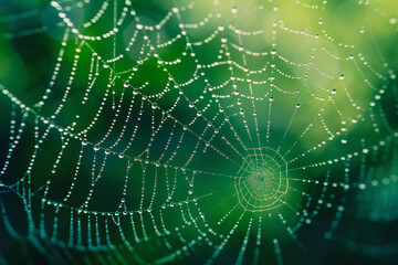 Fototapeta premium A spider web is shown in a green background with water droplets on it