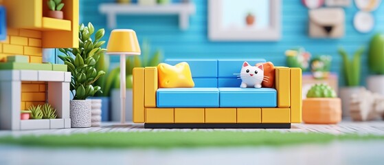 Colorful Living Room with Toy Couch and Cat Figurine
