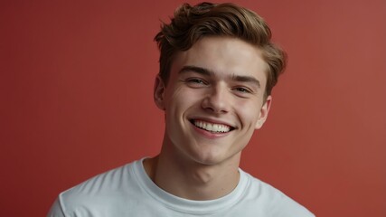 Fototapeta premium teenage white man on pastel red background model close-up smiling with beautiful teeth for ad concept space for text