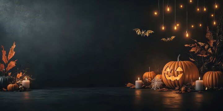 Dark festive Halloween night with carved pumpkins, candles, autumn leaves, and string lights creating a spooky atmosphere.