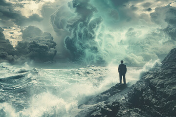 Fototapeta premium A man stands on a rocky shoreline, looking out at the ocean