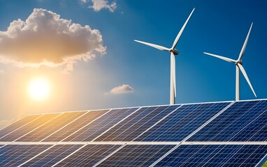 Solar panels and wind turbines on a sunlit hill, representing the shift towards clean energy and reduced environmental impact, green energy concept