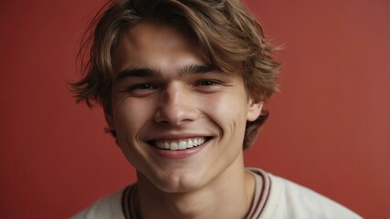 teenage finnougric man on pastel red background model close-up smiling with beautiful teeth for ad concept space for text