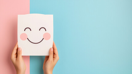 Obraz premium Happy face cutout held in hands against soft pastel blue background, creating cheerful and uplifting atmosphere. This image evokes joy and positivity